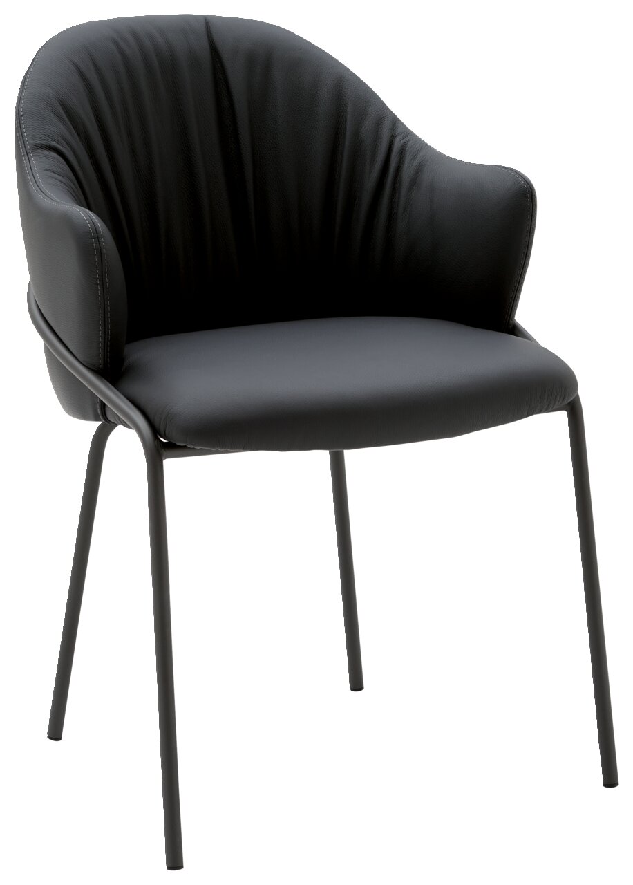 Moderner schwarzer Armlehnstuhl mit gepolsterter Sitzfläche und Rückenlehne, seitliche Perspektive