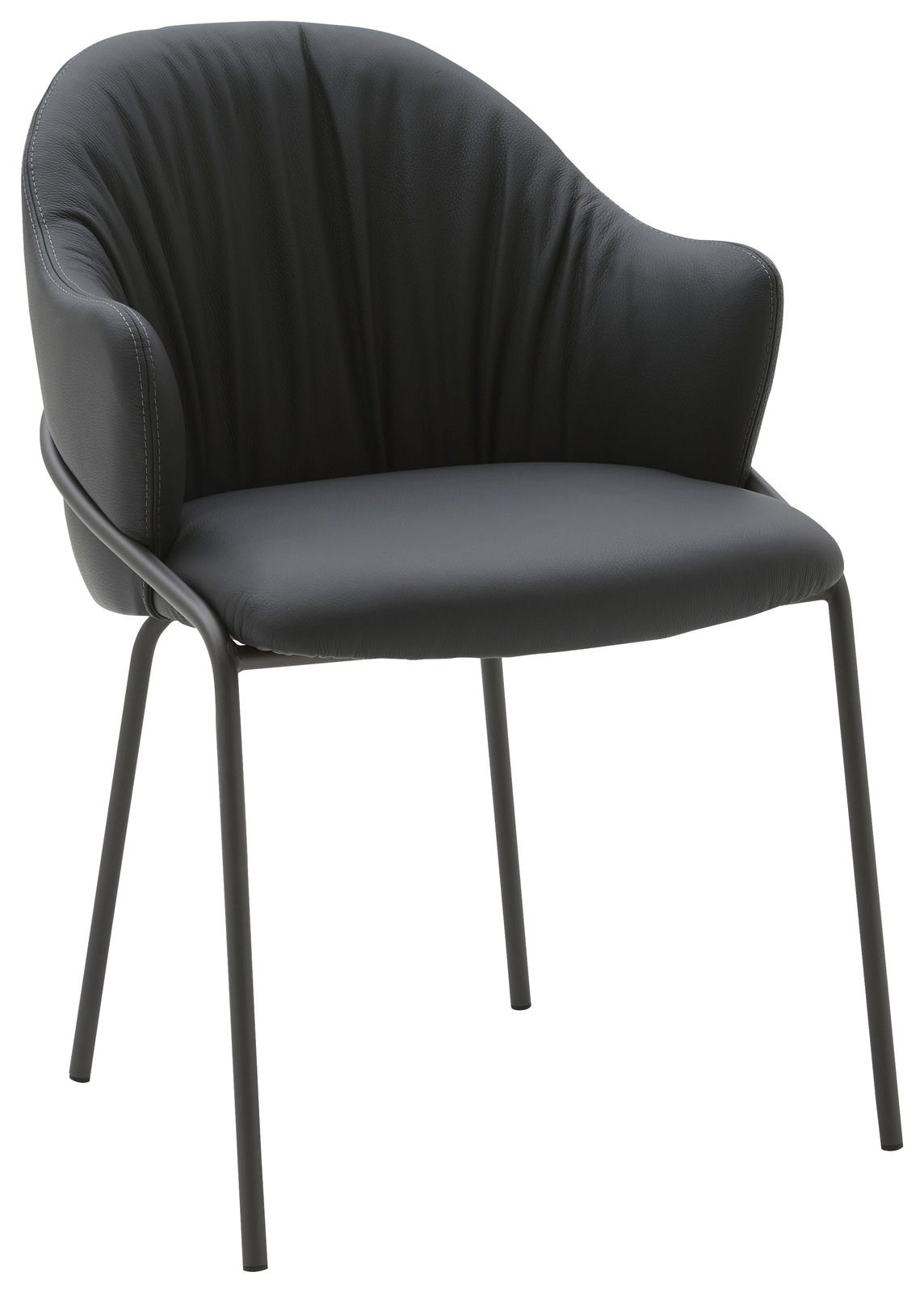 Moderner schwarzer Armlehnstuhl mit gepolsterter Sitzfläche und Rückenlehne, seitliche Perspektive