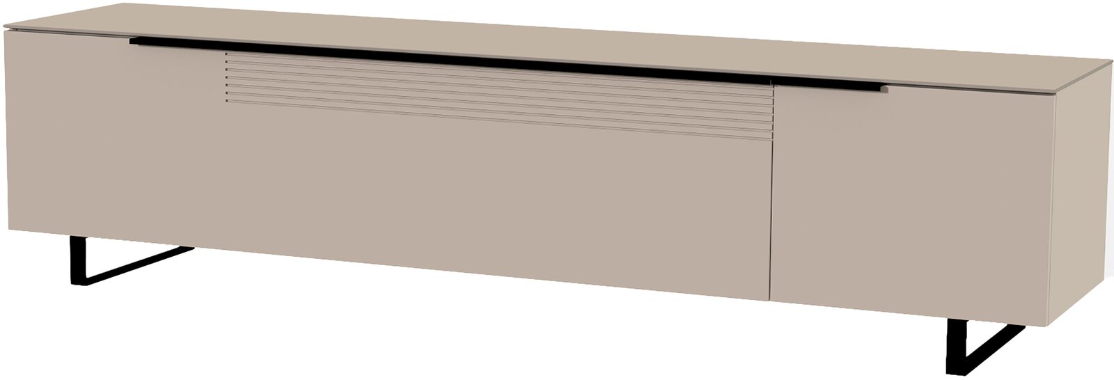 Beiges XL TV-Lowboard mit schwarzen Metallbeinen, seitliche Perspektive