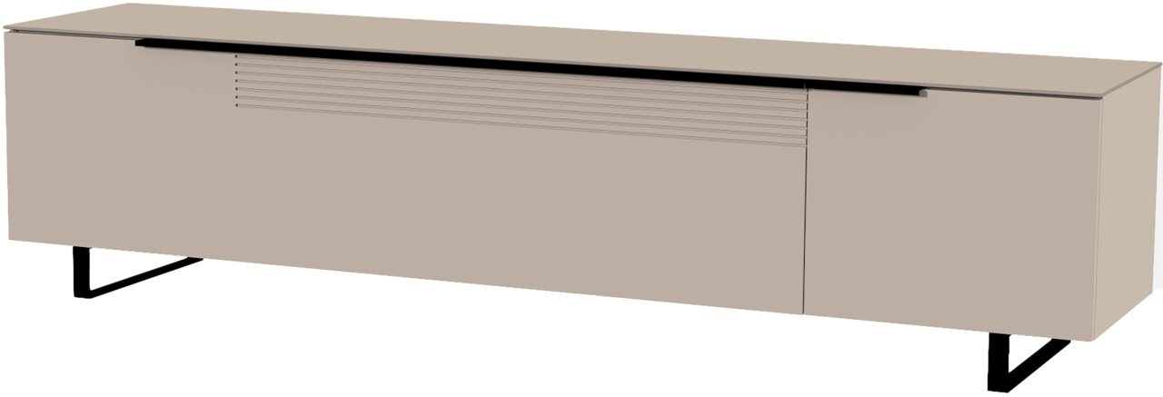 Beiges XL TV-Lowboard mit schwarzen Metallbeinen, seitliche Perspektive