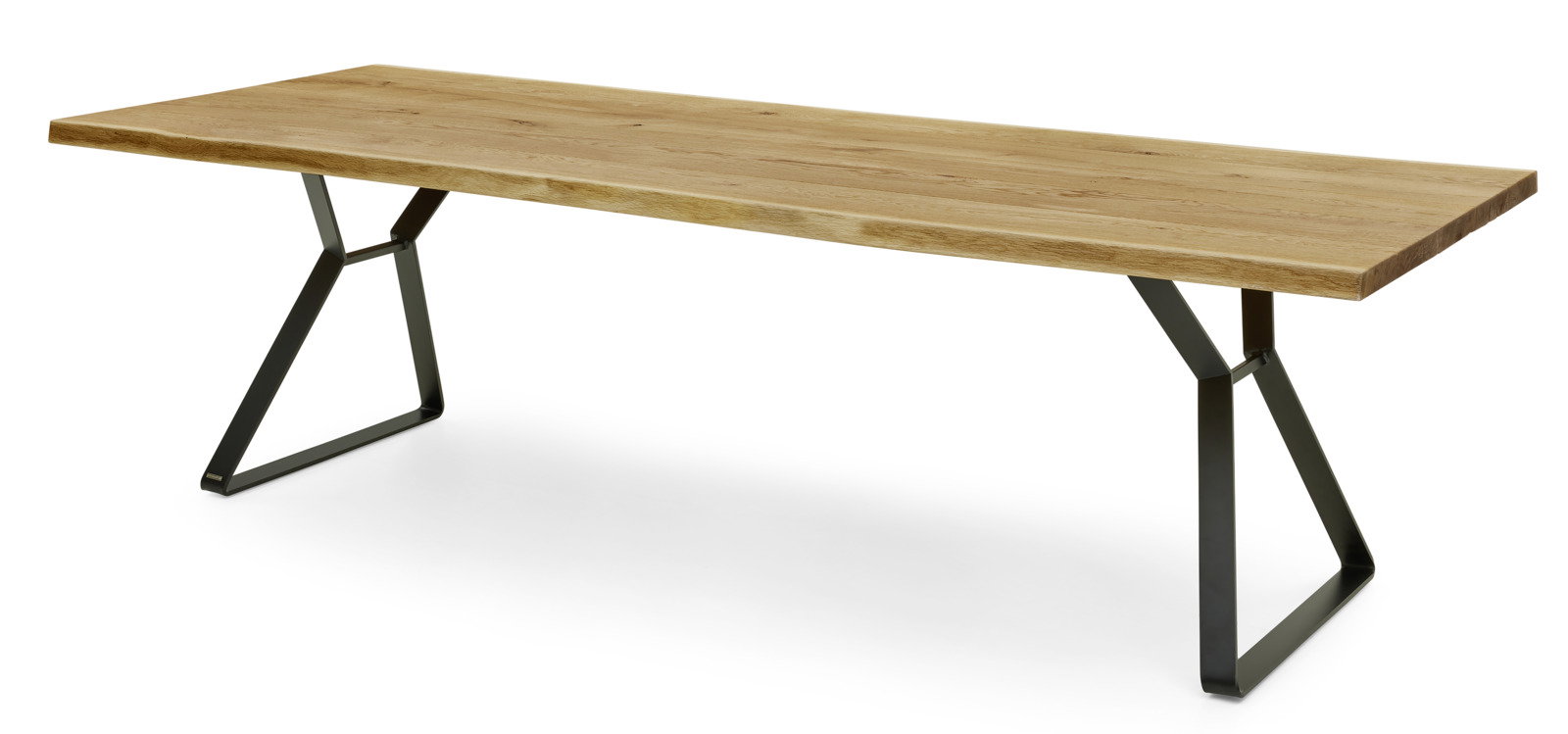 Moderner Esstisch aus Holz mit schwarzem Metallgestell, seitliche Perspektive
