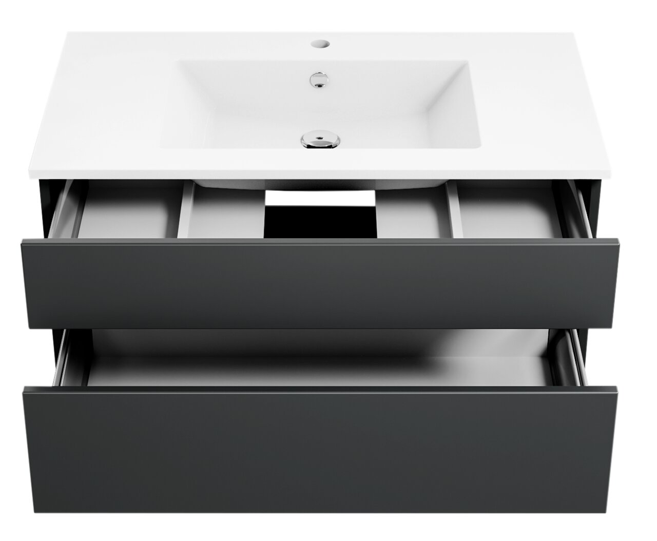 Moderne Badkombination mit weißem Waschbecken und zwei offenen Schubladen, Ansicht von vorne.