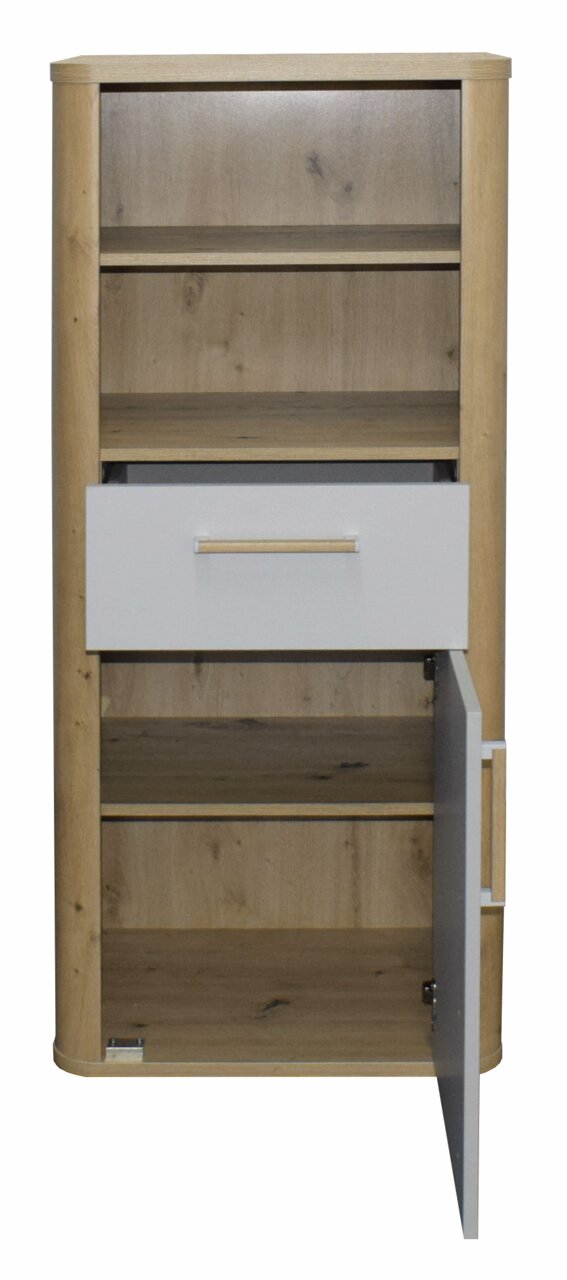Beistellschrank aus Holz mit einer offenen Schublade und einer geöffneten Tür, frontal betrachtet.