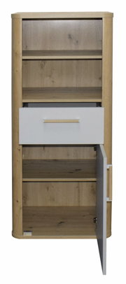 Beistellschrank aus Holz mit einer offenen Schublade und einer geöffneten Tür, frontal betrachtet.