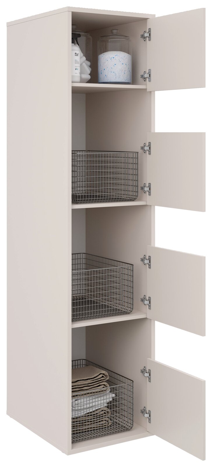 Hoher, schmaler Badezimmerschrank in Beige mit vier geöffneten Türen, Innenansicht mit Regalböden und Drahtkörben, seitliche Frontansicht von schräg vorn rechts