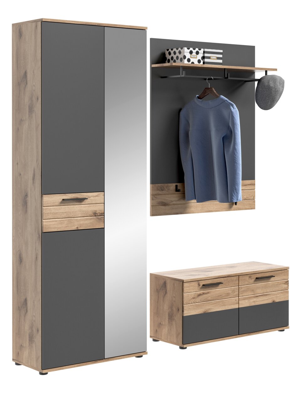 Garderobenkombination in Holzoptik mit grauen Elementen, bestehend aus einem hohen Schrank mit Spiegel, einer Wandgarderobe mit Ablage und Kleiderhaken sowie einer niedrigen Kommode. Perspektive: Frontalansicht.