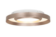 Moderne LED-Deckenleuchte in seitlicher Perspektive mit rundem, metallischem Rahmen und warmweißem Licht.
