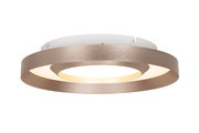 Moderne LED-Deckenleuchte in seitlicher Perspektive mit rundem, metallischem Rahmen und warmweißem Licht.
