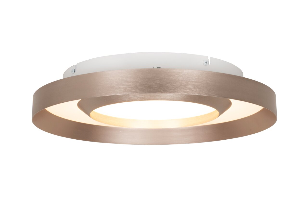 Novel LED-plafondlamp DECKENLEUCHTE Moderne led-plafondlamp in zijaanzicht met een rond, metalen frame en warmwit licht.
