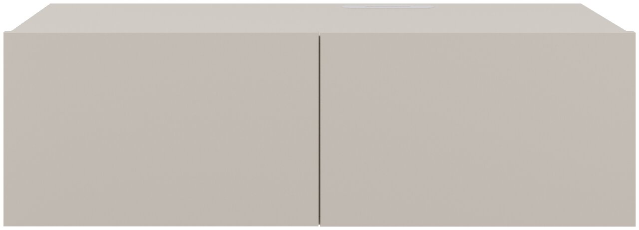 Vooraanzicht van een modern, beige hangend tv-meubel met twee deuren.