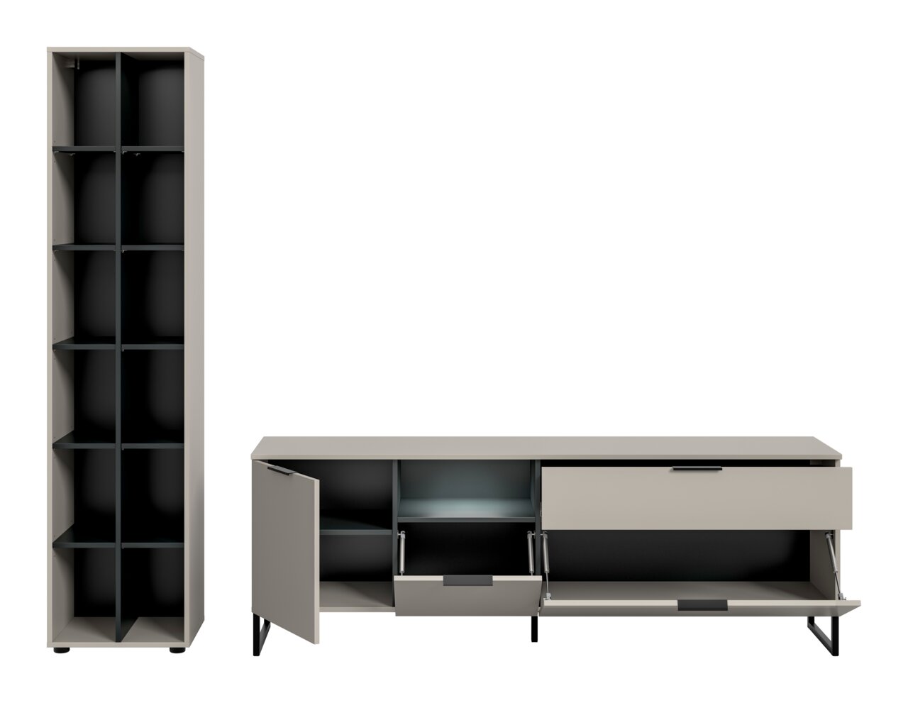 Modernes Möbel-Set aus hohem Schrank und niedrigem Sideboard in Grau mit schwarzen Innenfächern und Metallfüßen, Türen und Klappen geöffnet, Frontansicht leicht schräg von vorn.