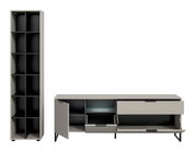 Modernes Möbel-Set aus hohem Schrank und niedrigem Sideboard in Grau mit schwarzen Innenfächern und Metallfüßen, Türen und Klappen geöffnet, Frontansicht leicht schräg von vorn.