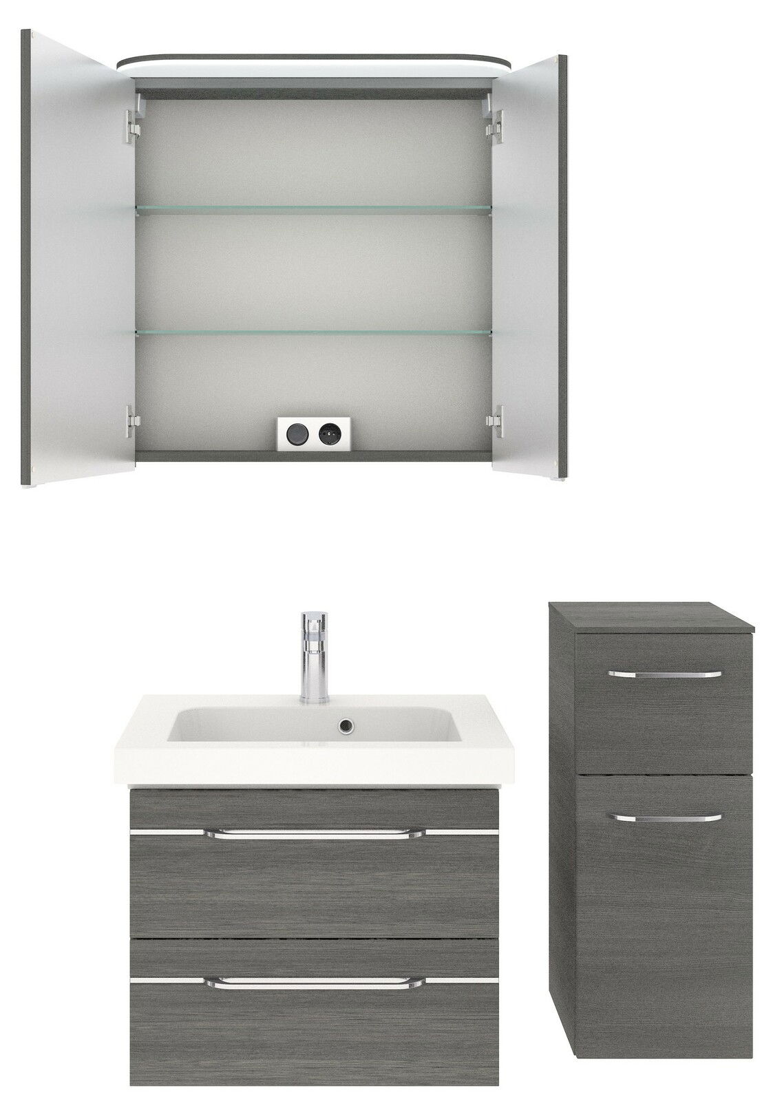 Badezimmermöbel-Set bestehend aus einem geöffneten Spiegelschrank mit Glasböden, einem Waschbeckenunterschrank mit zwei Schubladen und einem hohen Seitenschrank, frontal abgebildet.