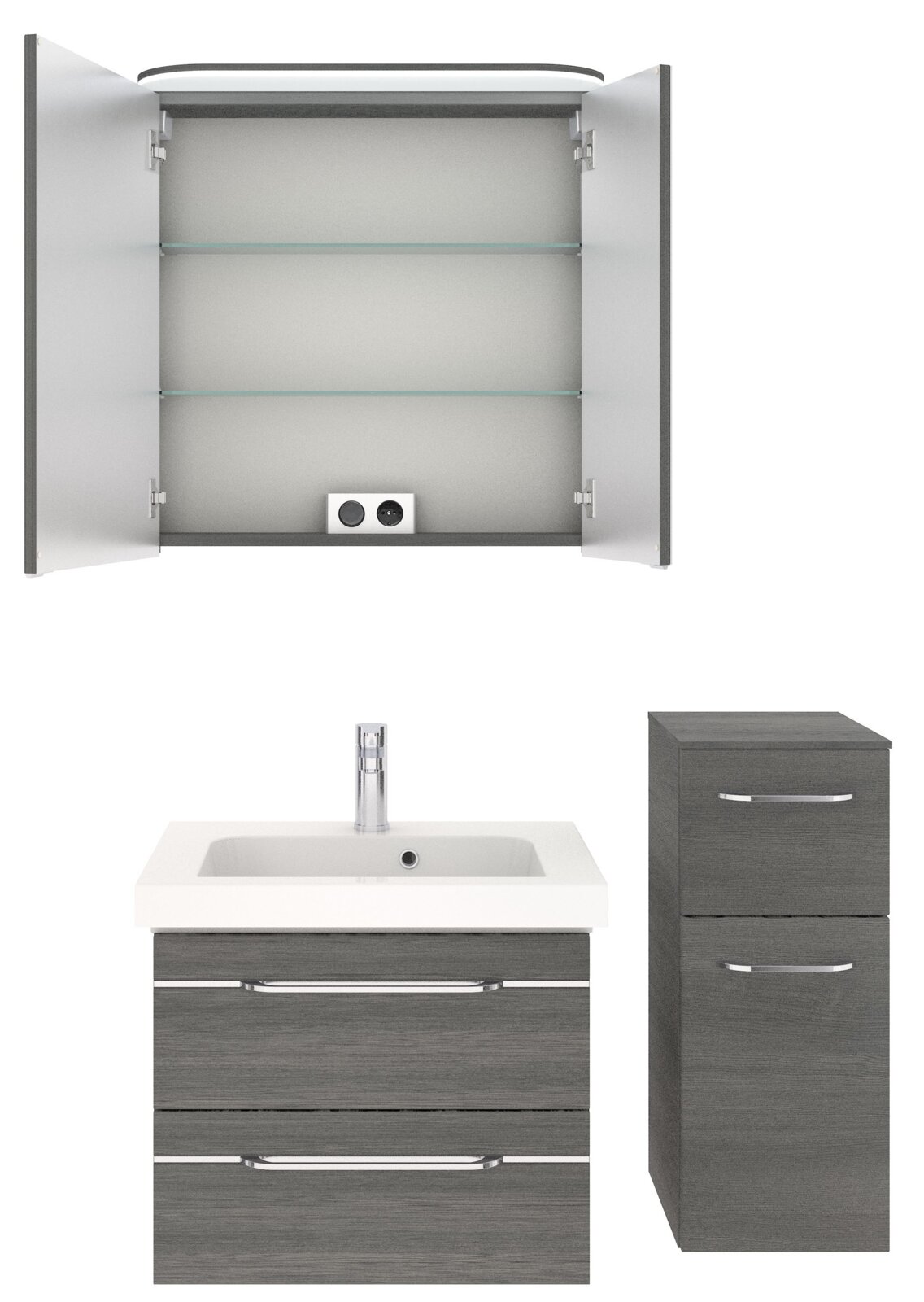 Badezimmermöbel-Set bestehend aus einem geöffneten Spiegelschrank mit Glasböden, einem Waschbeckenunterschrank mit zwei Schubladen und einem hohen Seitenschrank, frontal abgebildet.