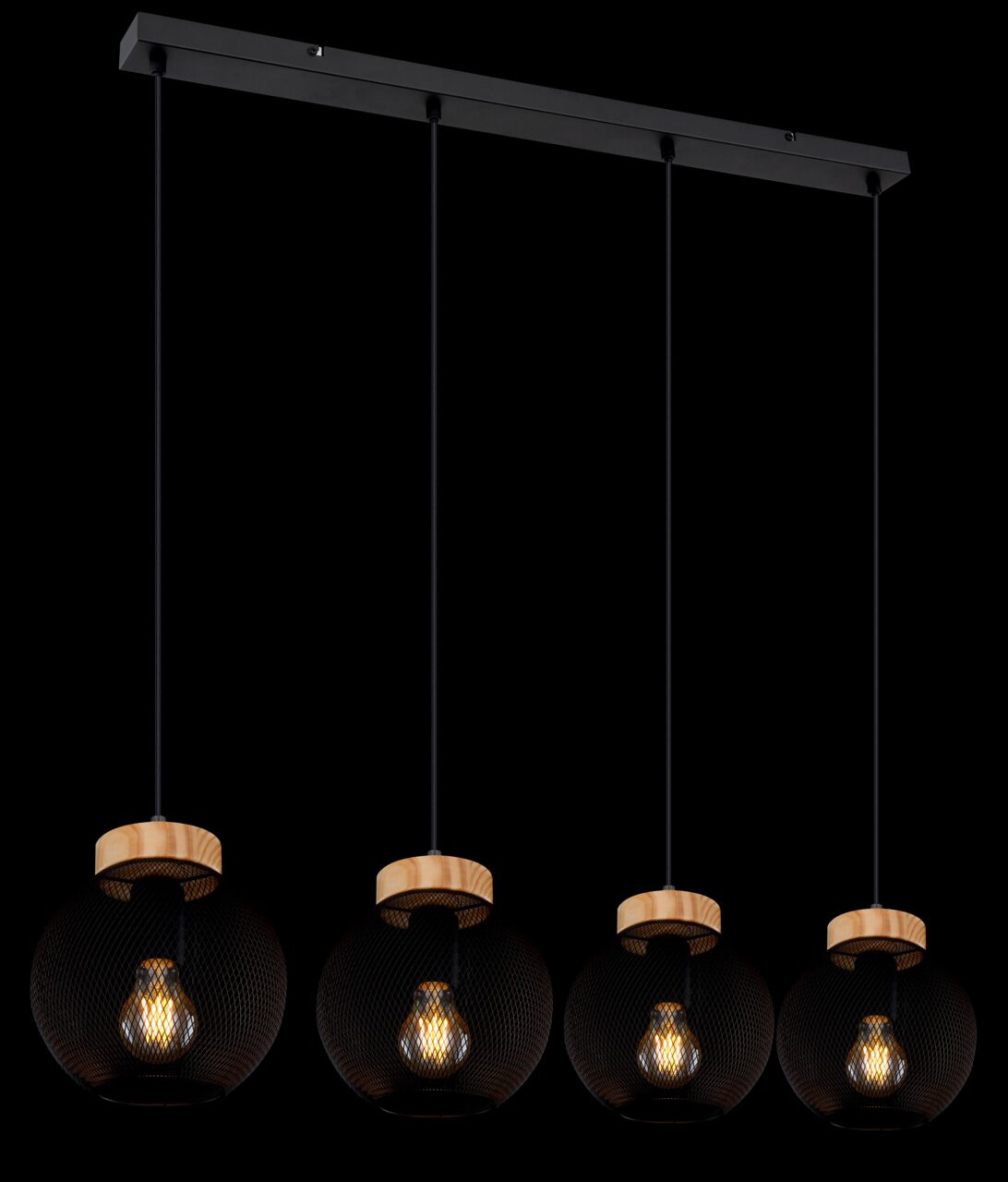 Moderne Hängeleuchte mit vier schwarzen Gitterlampenschirmen und Holzakzenten, seitliche Perspektive