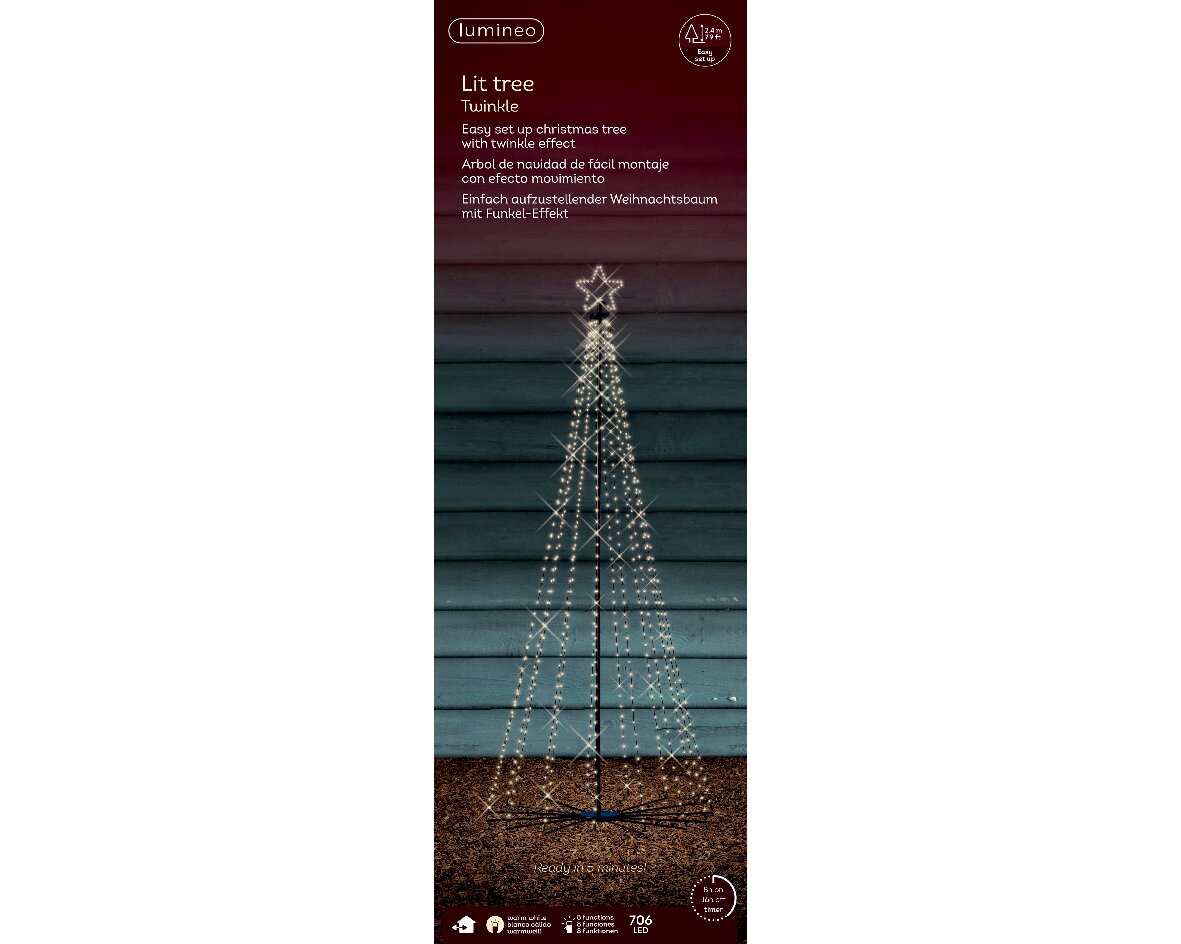 LED-boom met stalen frame en fonkelend effect, van voren gefotografeerd