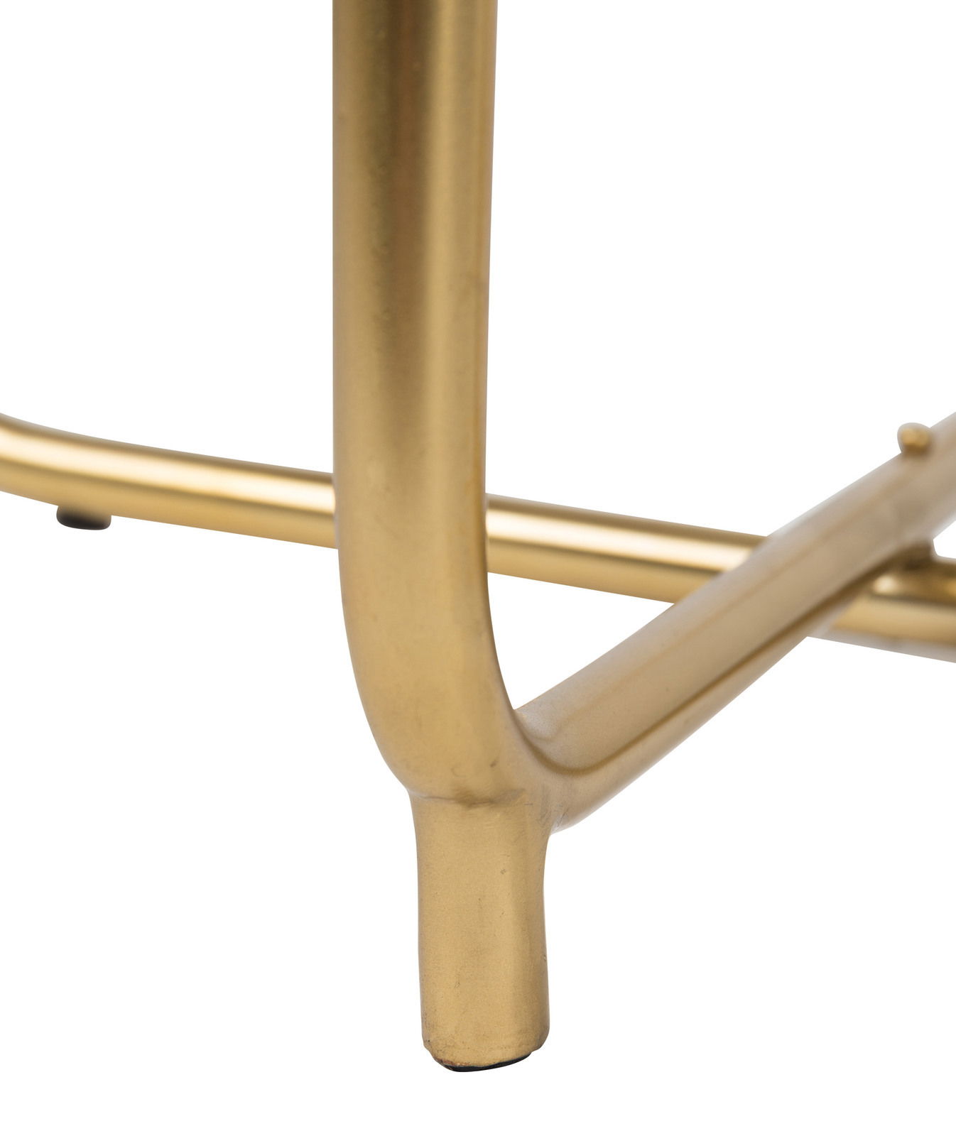 Nahaufnahme eines goldenen Tischbeins mit elegantem Design, Perspektive von unten.