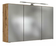 Moderner Spiegelschrank mit drei Türen und Holzseitenansicht, beleuchtet von oben, Frontalansicht