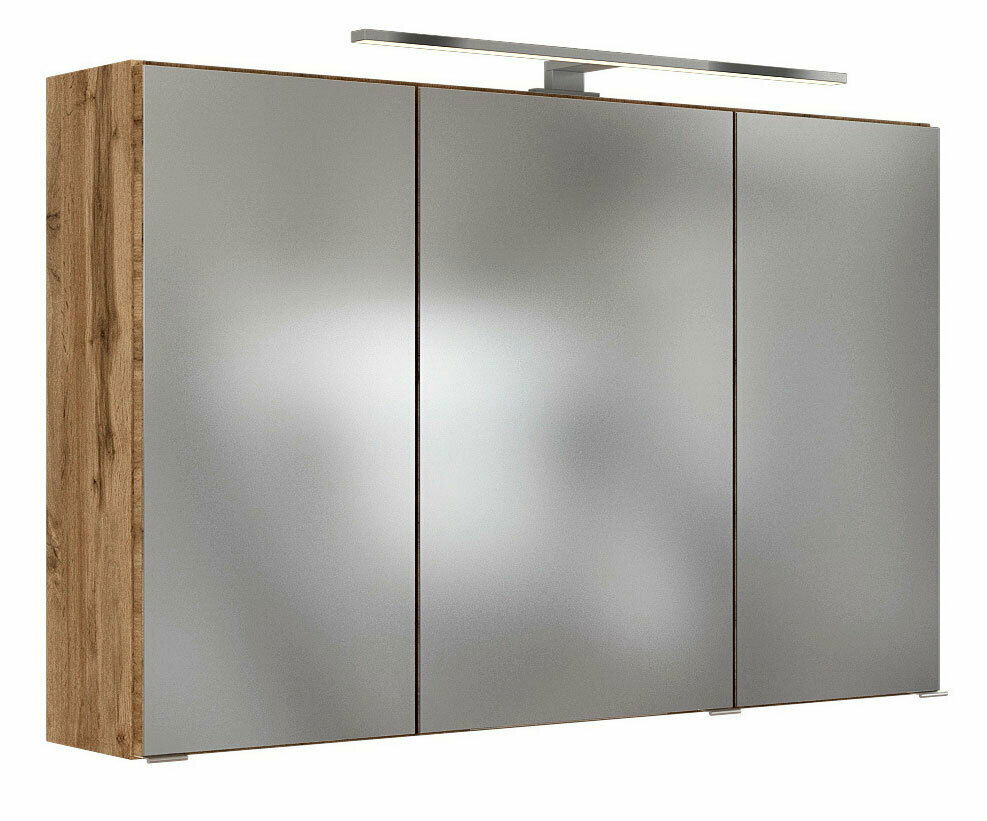 Moderner Spiegelschrank mit drei Türen und Holzseitenansicht, beleuchtet von oben, Frontalansicht