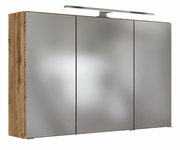 Moderner Spiegelschrank mit drei Türen und Holzseitenansicht, beleuchtet von oben, Frontalansicht