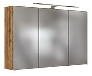 Moderner Spiegelschrank mit drei Türen und Holzseitenansicht, beleuchtet von oben, Frontalansicht