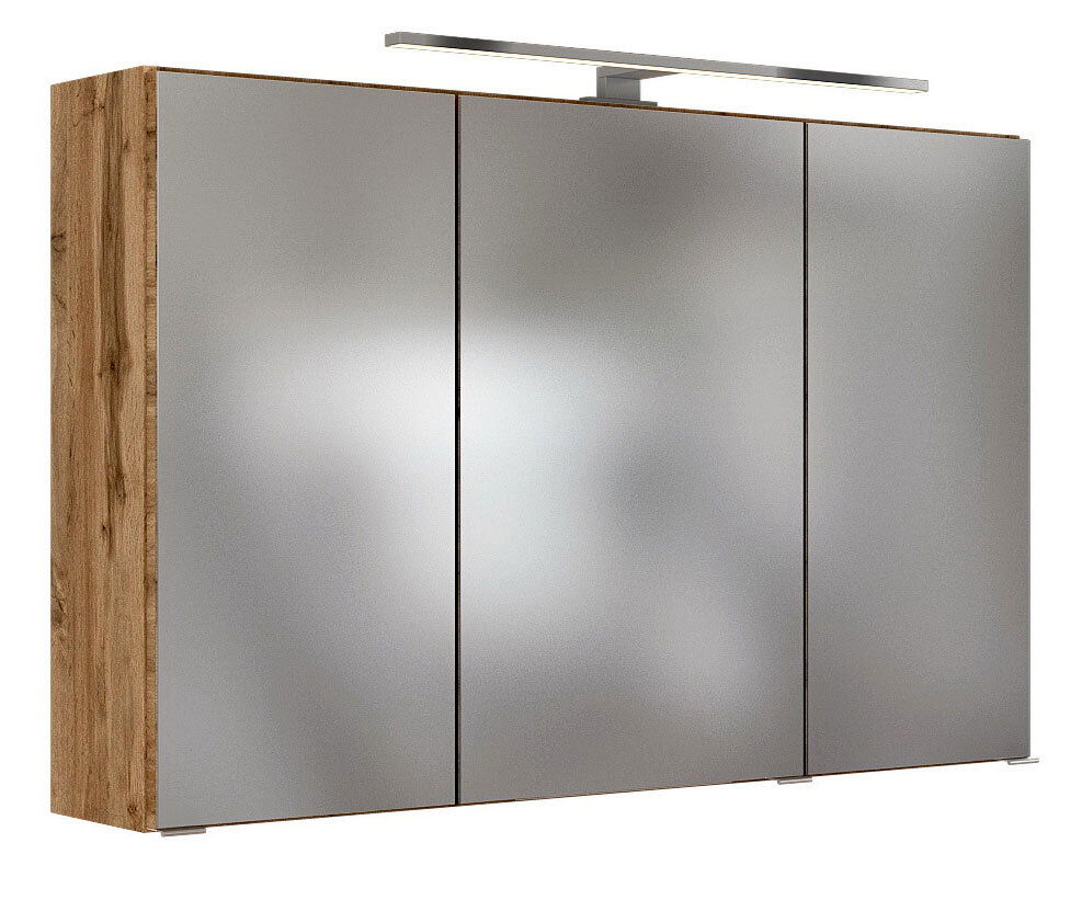 Moderner Spiegelschrank mit drei Türen und Holzseitenansicht, beleuchtet von oben, Frontalansicht