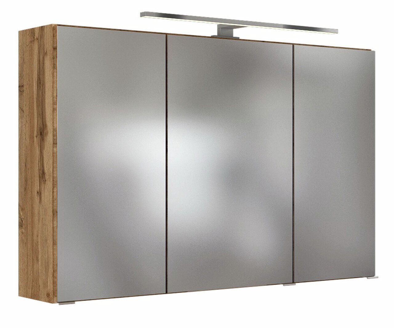 Moderner Spiegelschrank mit drei Türen und Holzseitenansicht, beleuchtet von oben, Frontalansicht