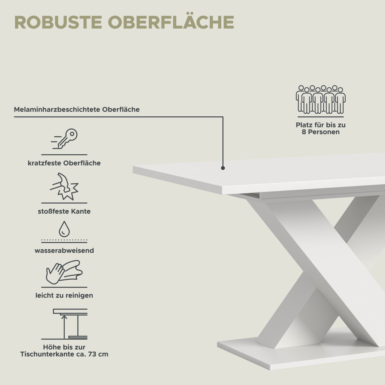 Moderner Esstisch mit robuster, melaminharzbeschichteter Oberfläche, kratzfest, stoßfeste Kante, wasserabweisend und leicht zu reinigen. Platz für bis zu 8 Personen. Seitenansicht.