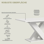 Moderner Esstisch mit robuster, melaminharzbeschichteter Oberfläche, kratzfest, stoßfeste Kante, wasserabweisend und leicht zu reinigen. Platz für bis zu 8 Personen. Seitenansicht.
