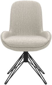 Moderner Stuhl mit hellgrauem Stoffbezug und schwarzem Metallgestell, Frontalansicht