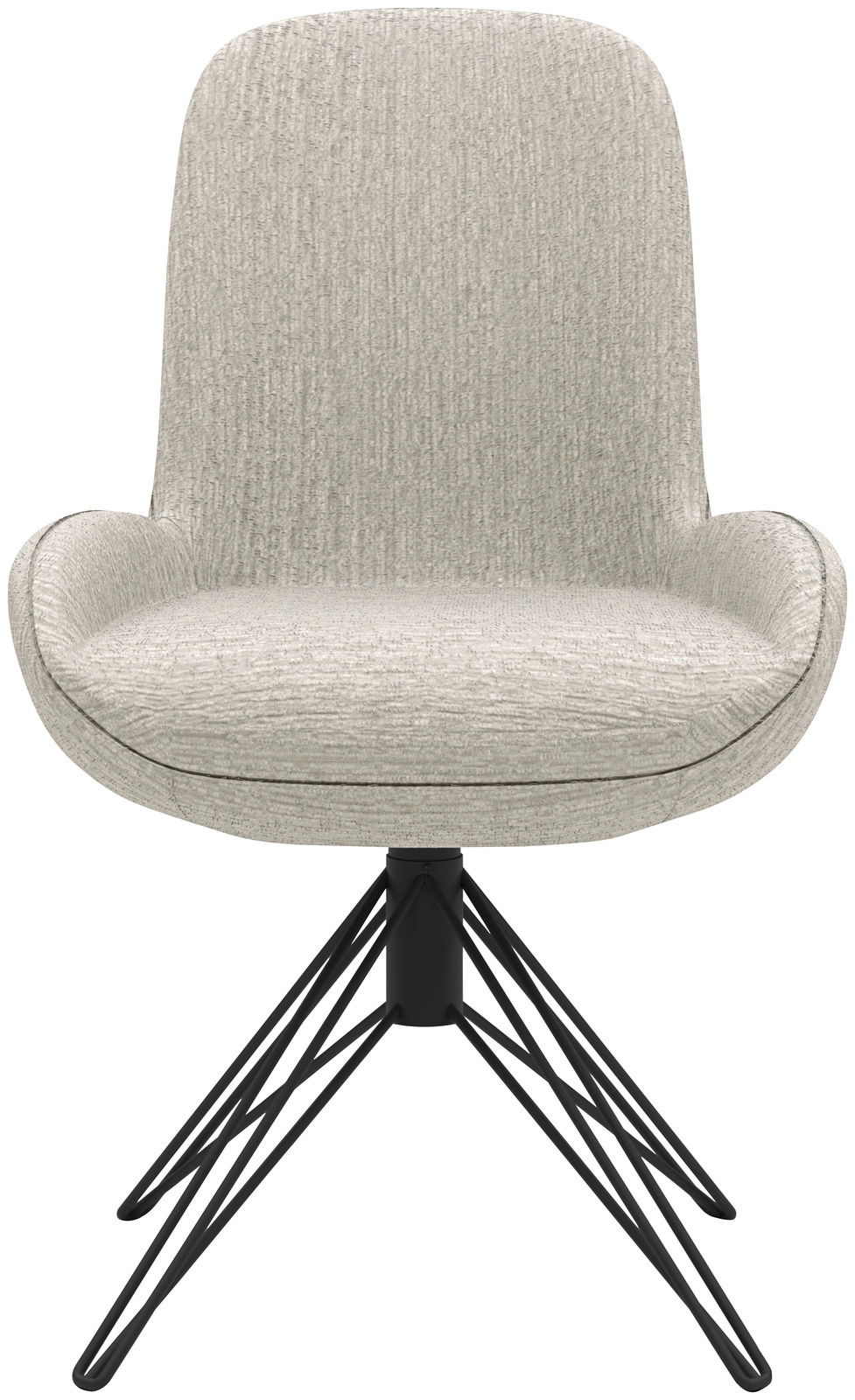 Moderner Stuhl mit hellgrauem Stoffbezug und schwarzem Metallgestell, Frontalansicht