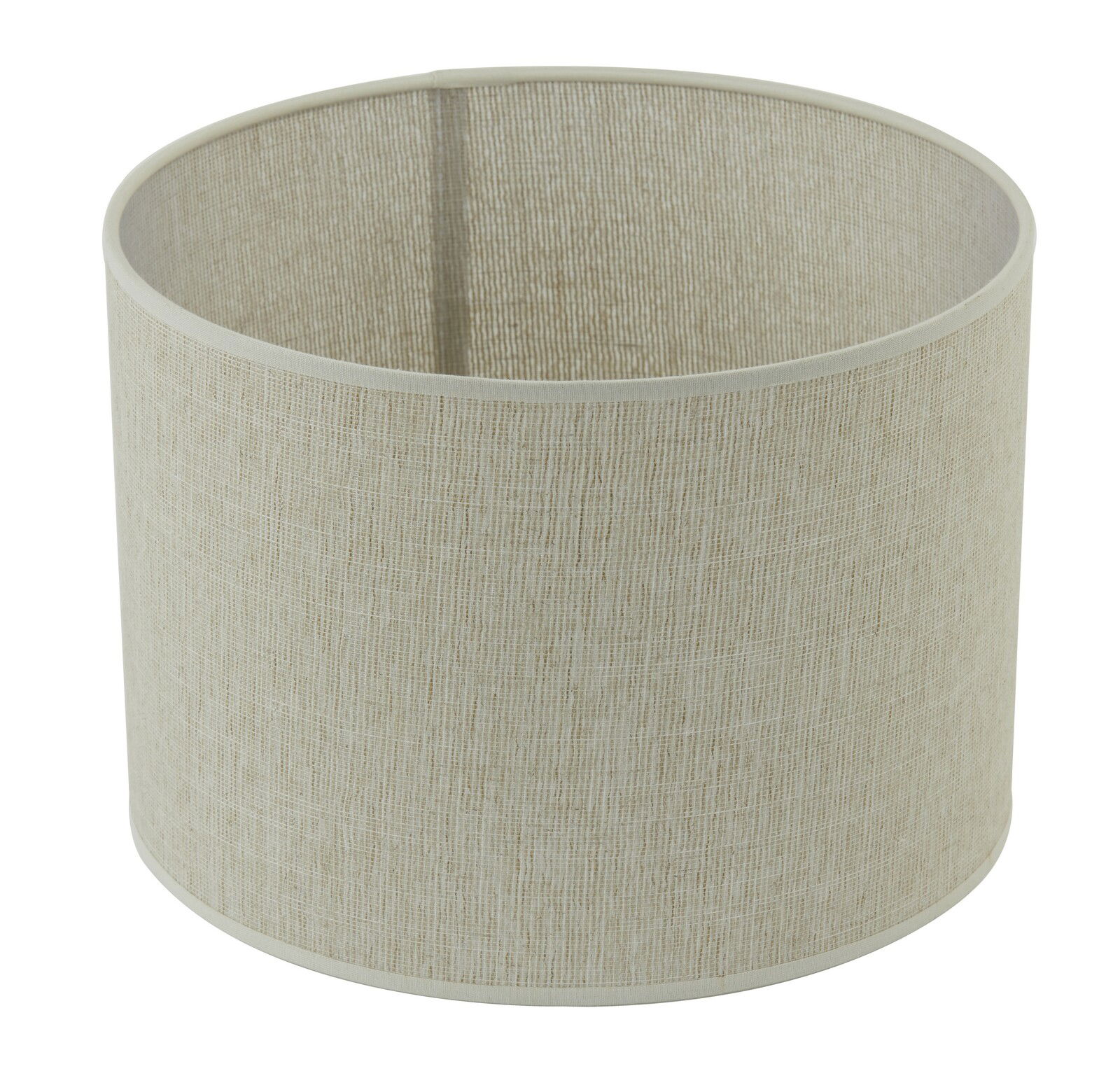 Zylindrischer Lampenschirm aus beigem Stoff, seitliche Perspektive