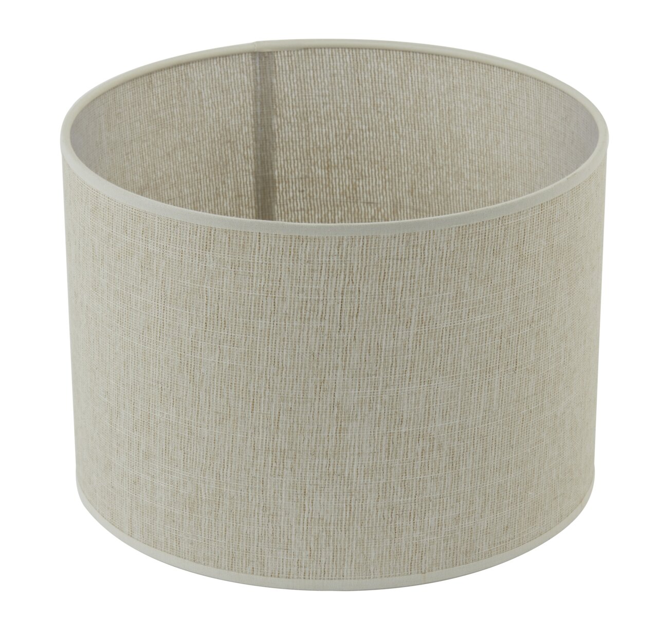 Zylindrischer Lampenschirm aus beigem Stoff, seitliche Perspektive
