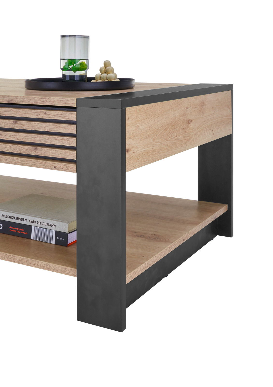Moderner Couchtisch aus Holz mit schwarzem Metallrahmen, seitliche Perspektive