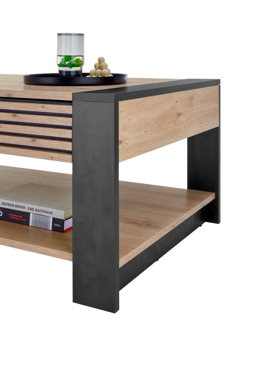 Moderner Couchtisch aus Holz mit schwarzem Metallrahmen, seitliche Perspektive