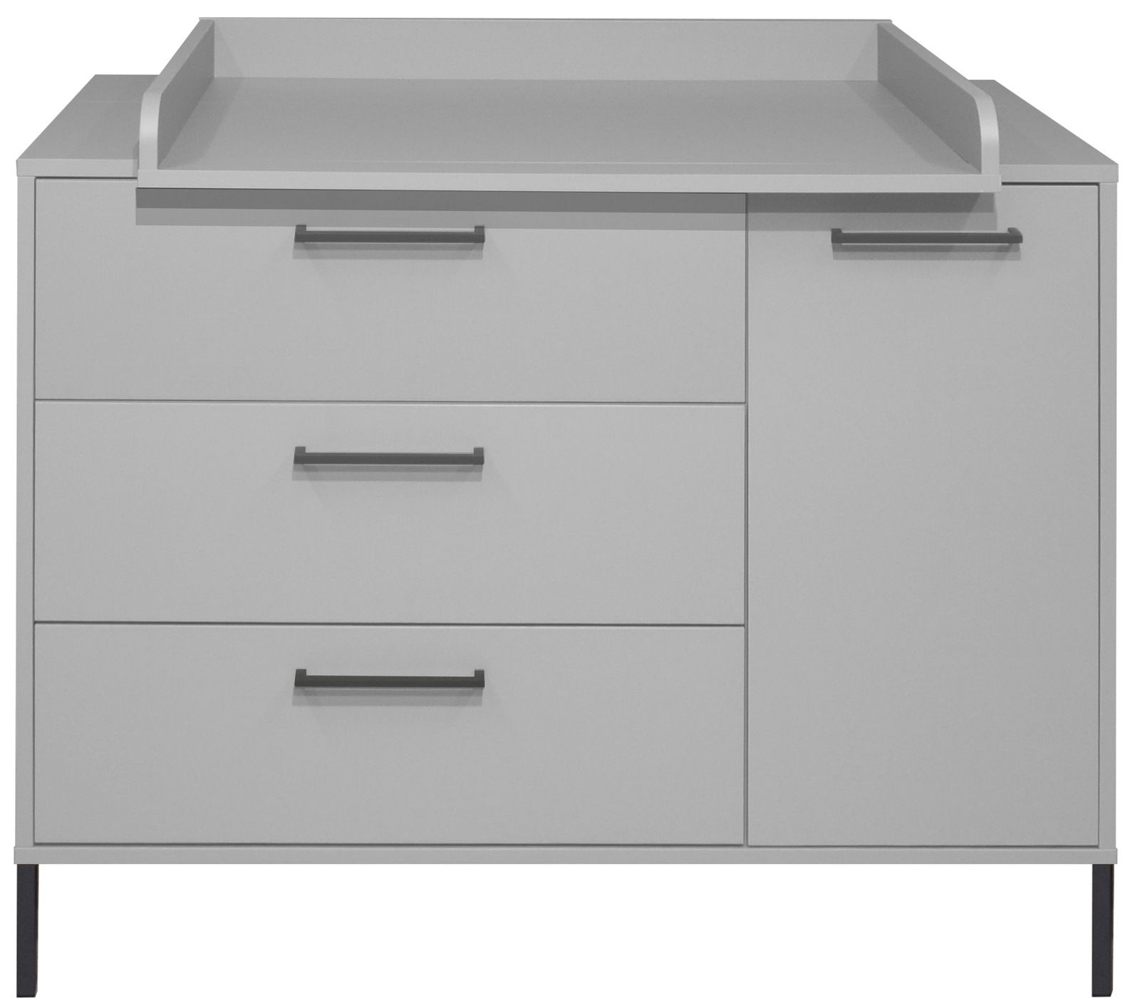 Graue Wickelkommode mit drei Schubladen und einer Tür, frontal betrachtet