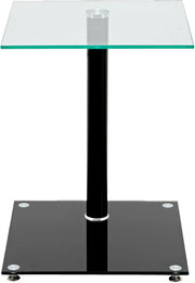 Moderner Beistelltisch mit Glasplatte und schwarzem Standfuß, Frontalansicht