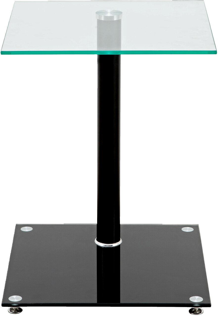 Moderner Beistelltisch mit Glasplatte und schwarzem Standfuß, Frontalansicht
