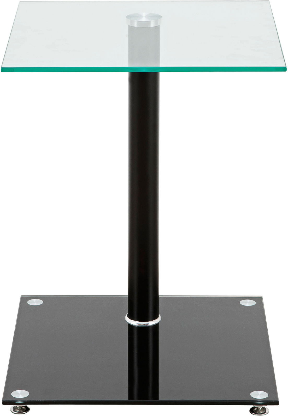 Moderner Beistelltisch mit Glasplatte und schwarzem Standfuß, Frontalansicht