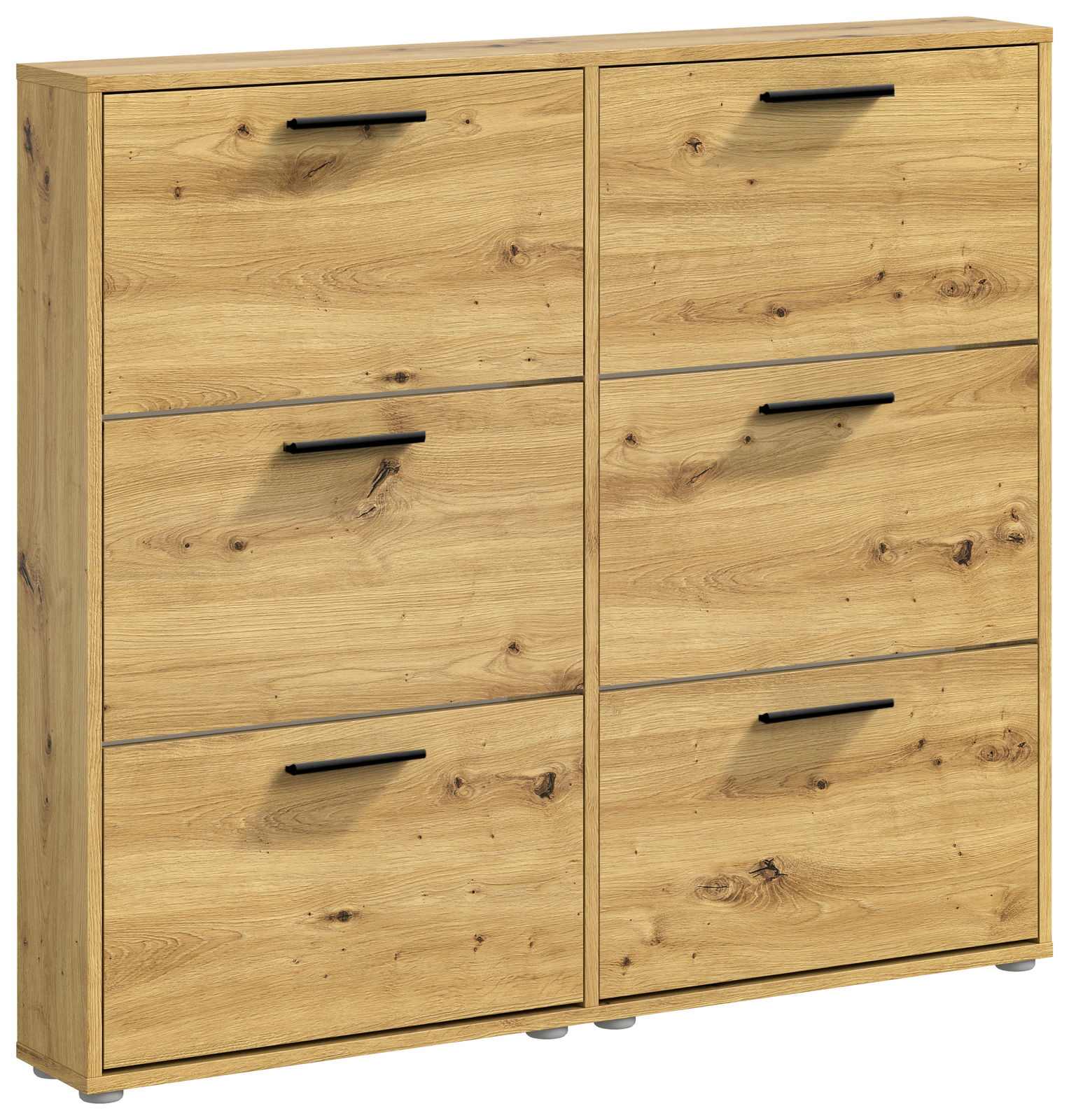 Schuhkipper aus Holz mit sechs Fächern und schwarzen Griffen, frontale Perspektive