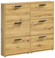 Schuhkipper aus Holz mit sechs Fächern und schwarzen Griffen, frontale Perspektive