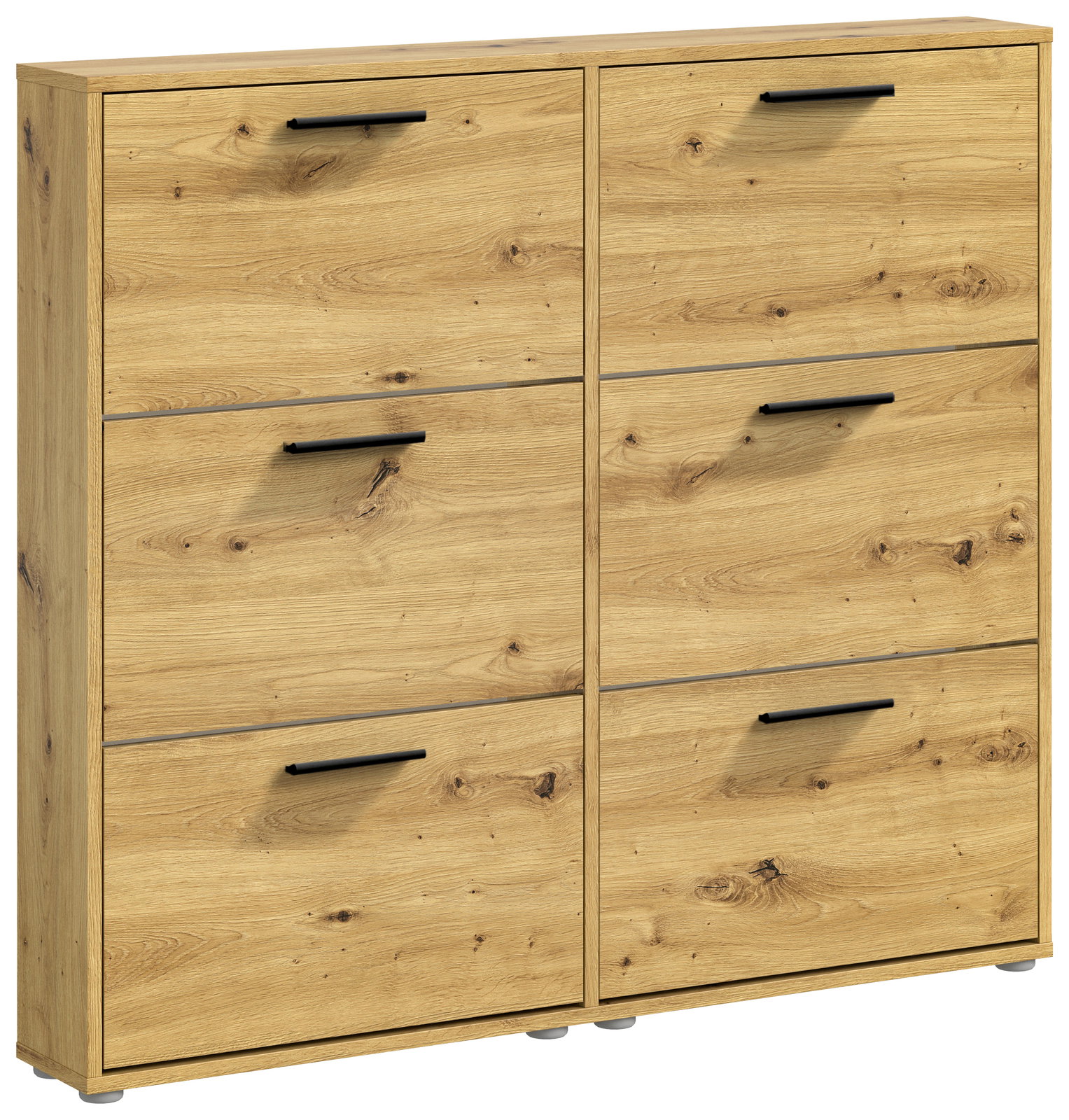 Schuhkipper aus Holz mit sechs Fächern und schwarzen Griffen, frontale Perspektive