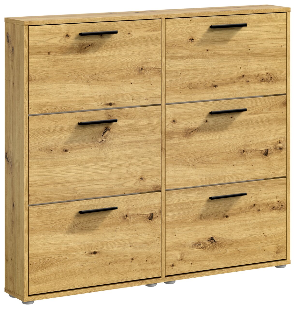 Schuhkipper aus Holz mit sechs Fächern und schwarzen Griffen, frontale Perspektive