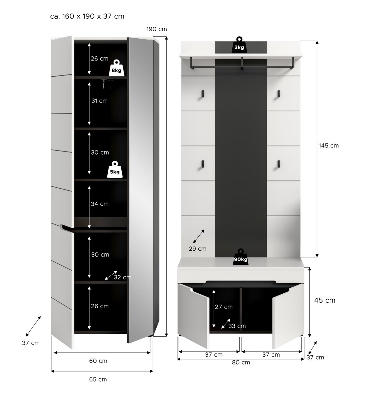Moderne weiße Garderobe im Set mit hohem Schrank und Garderobenpaneel mit Sitzbank, gezeigt in Frontansicht mit geöffneten Türen und Maßangaben (ca. 160 x 190 x 37 cm)