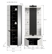Moderne weiße Garderobe im Set mit hohem Schrank und Garderobenpaneel mit Sitzbank, gezeigt in Frontansicht mit geöffneten Türen und Maßangaben (ca. 160 x 190 x 37 cm)
