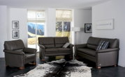 Wohnzimmer mit einem 2,5-sitzigen Himolla Polster 2253 DAYTON SLEEPOLY Sofa in braunem Leder, frontal betrachtet, umgeben von einem passenden Sessel und einem weiteren Sofa, mit Blick auf eine Landschaft durch große Fenster.