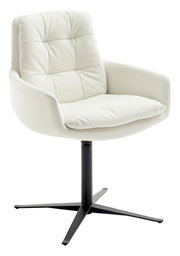 Weißer Armlehnstuhl mit gepolsterter Sitzfläche und Rückenlehne, auf schwarzem Drehfuß, seitliche Perspektive