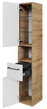 Hochschrank aus Holz mit weißen Türen und Schublade, offene Perspektive mit sichtbaren Glasböden.