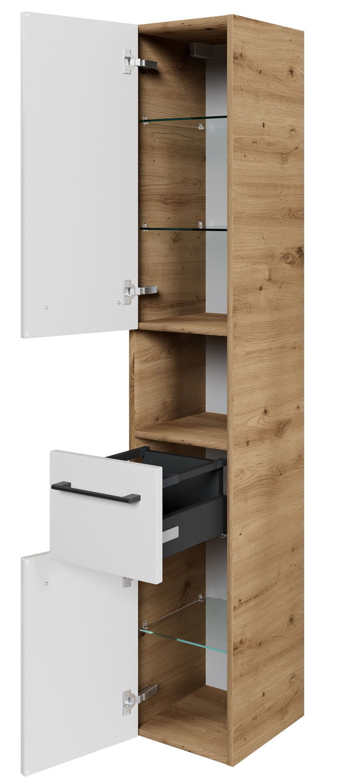 Sadena Hochschrank PLAKA Hochschrank aus Holz mit weißen Türen und Schublade, offene Perspektive mit sichtbaren Glasböden.