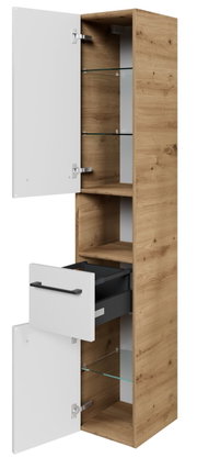 Hochschrank aus Holz mit weißen Türen und Schublade, offene Perspektive mit sichtbaren Glasböden.
